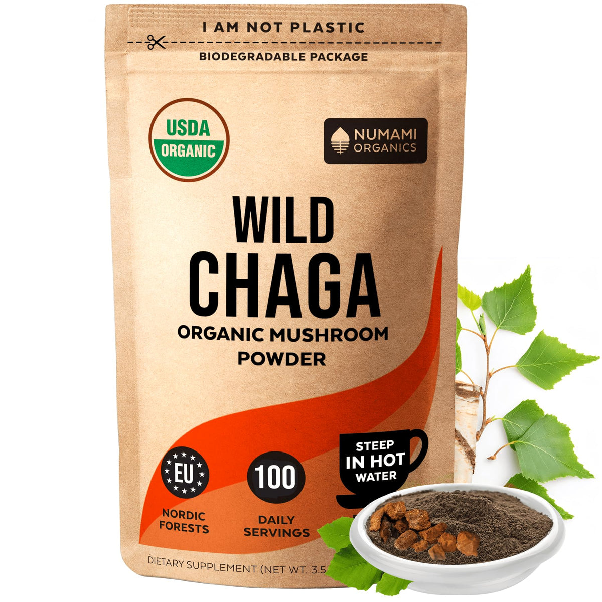 Numami Organic Chaga Powder from Nordic harvest, rich antioxidants