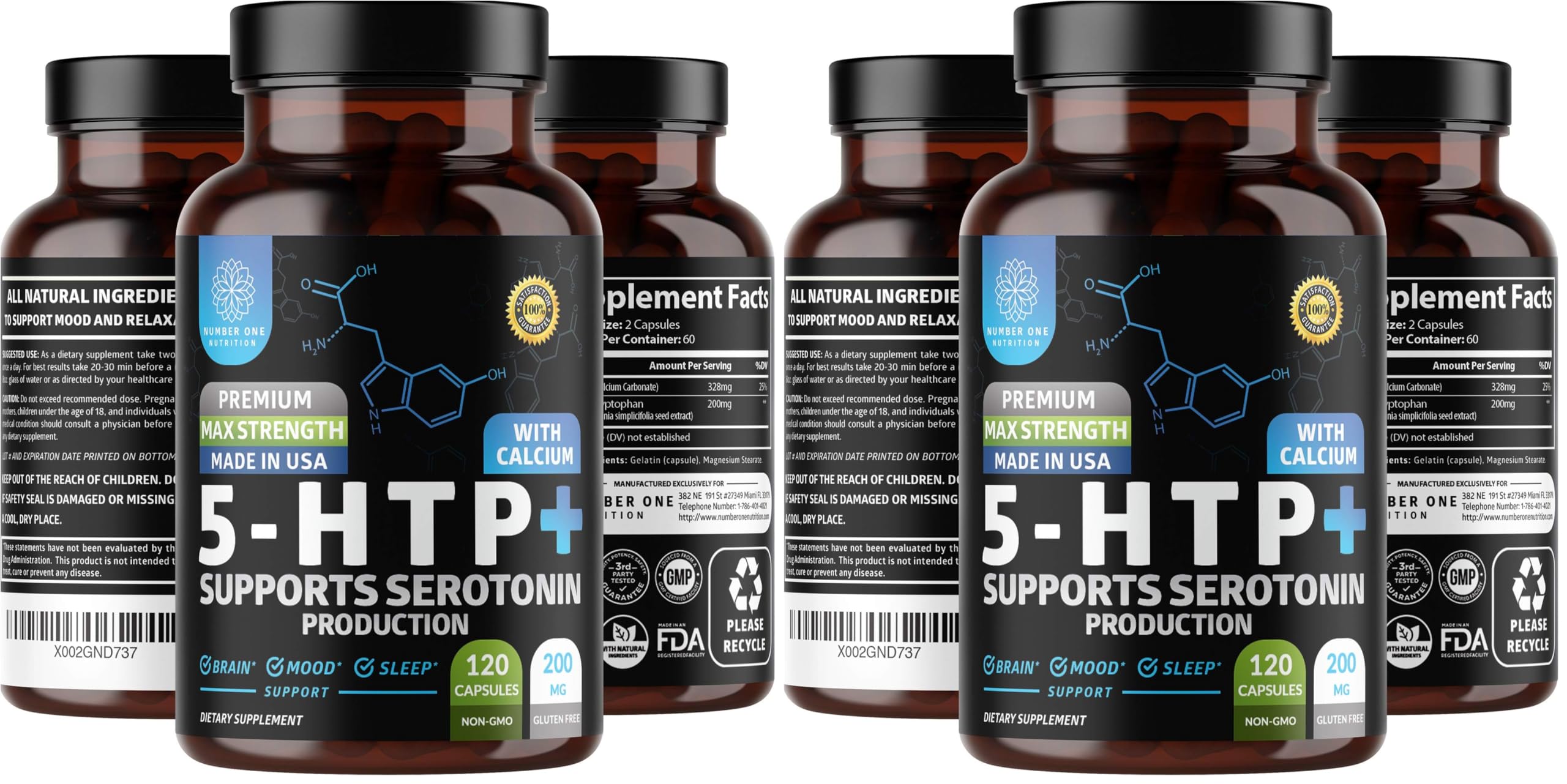 Number One Nutrition N1N Premium 5-HTP bottle promotes calm mood.