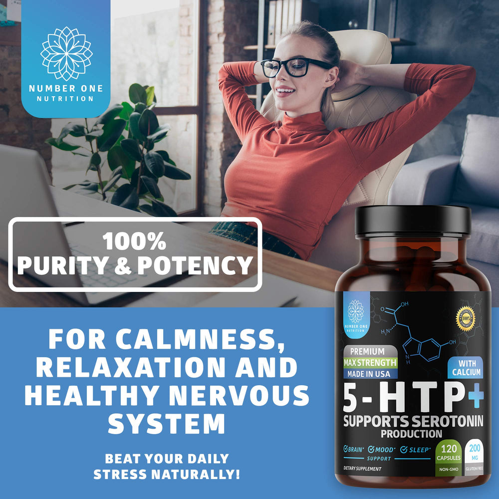 Diagram highlighting calcium aiding 5-HTP conversion in Number One Nutrition product.