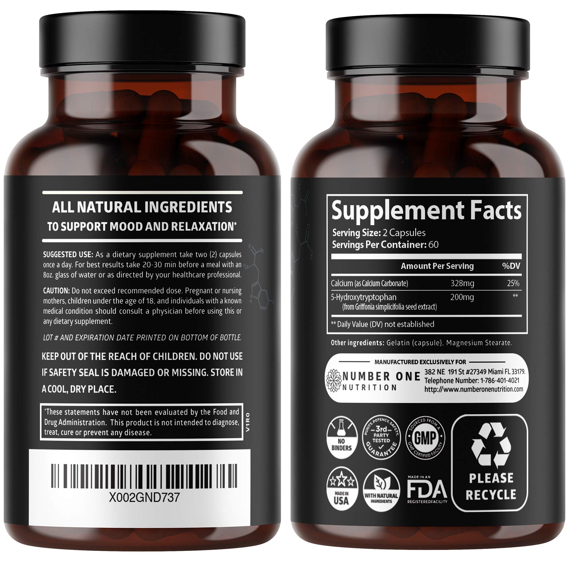 Close-up of Number One Nutrition N1N Premium 5-HTP capsules for daily relaxation.