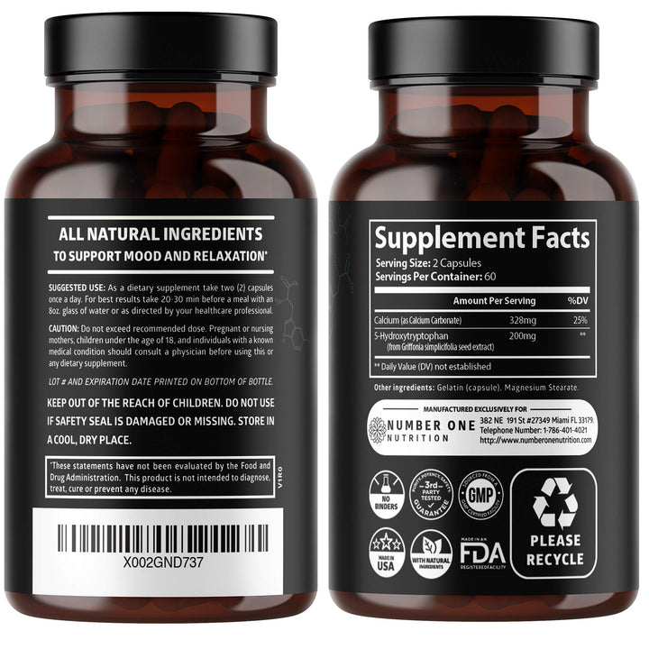 Close-up of Number One Nutrition N1N Premium 5-HTP capsules for daily relaxation.