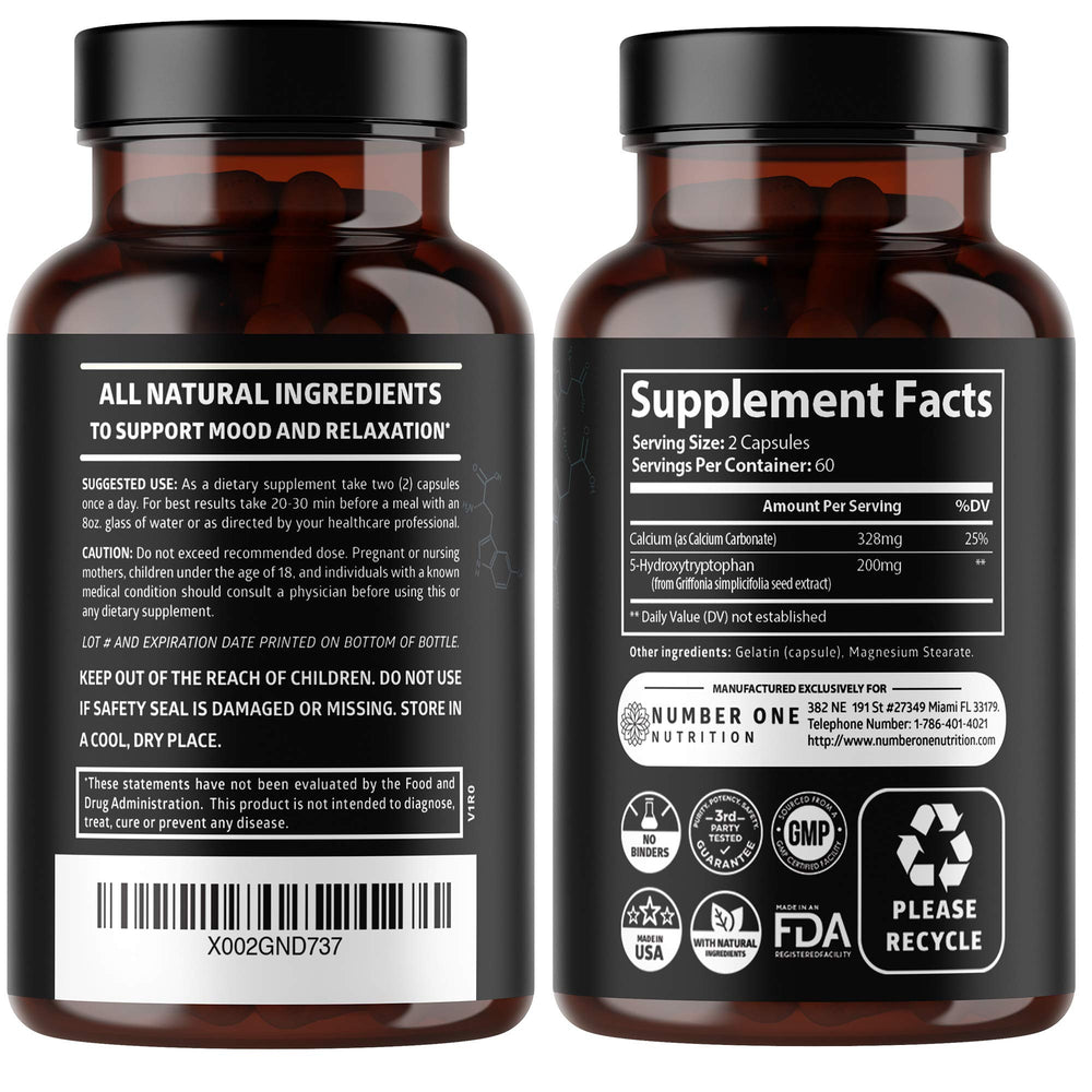 Close-up of Number One Nutrition N1N Premium 5-HTP capsules for daily relaxation.