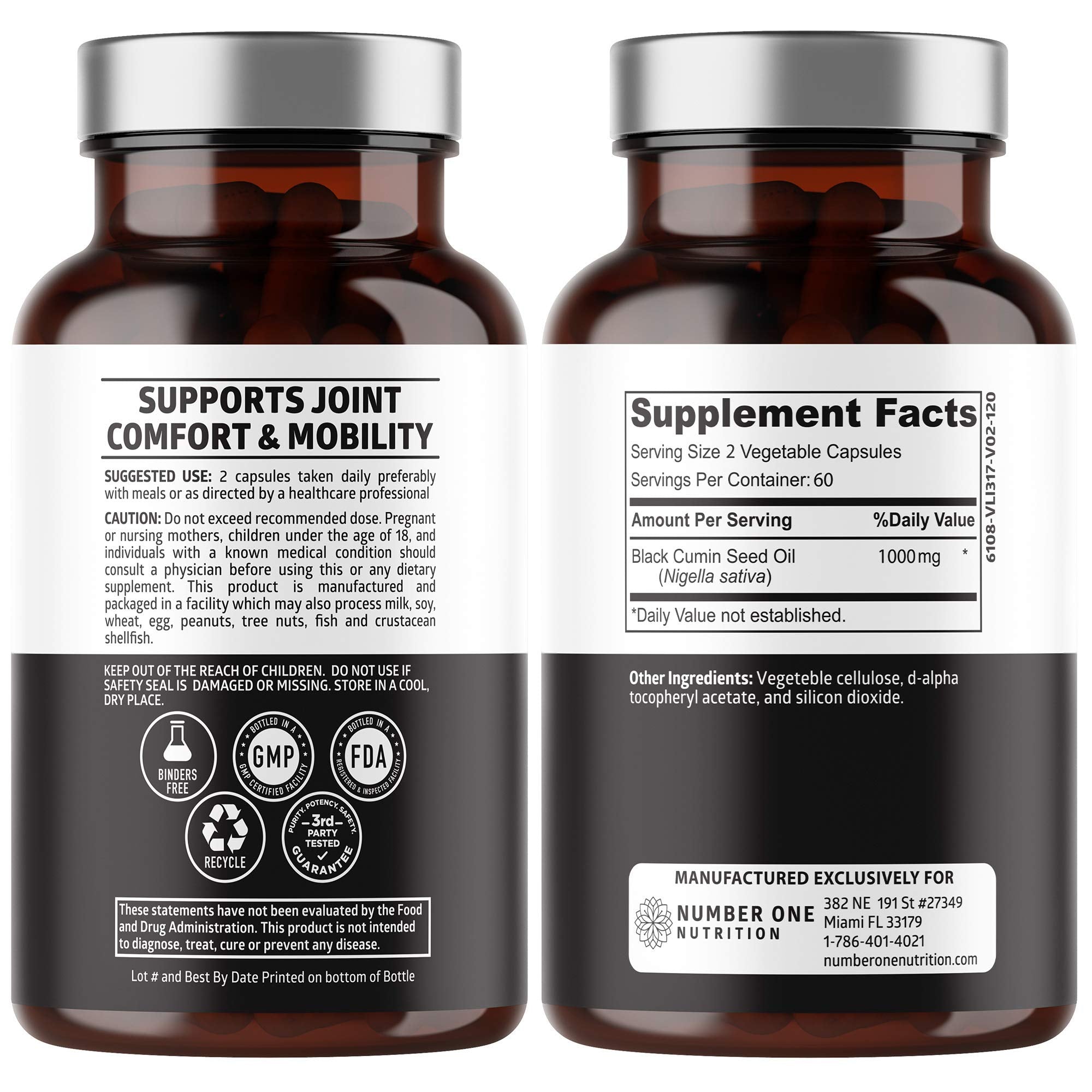 Number One Nutrition N1N Premium Black Seed Oil capsules pack shows 120 capsules per bottle.