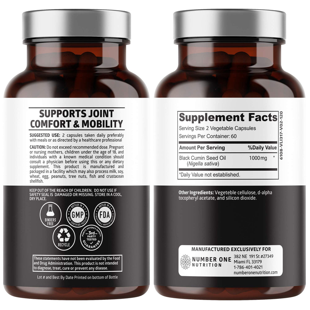 Number One Nutrition N1N Premium Black Seed Oil capsules pack shows 120 capsules per bottle.