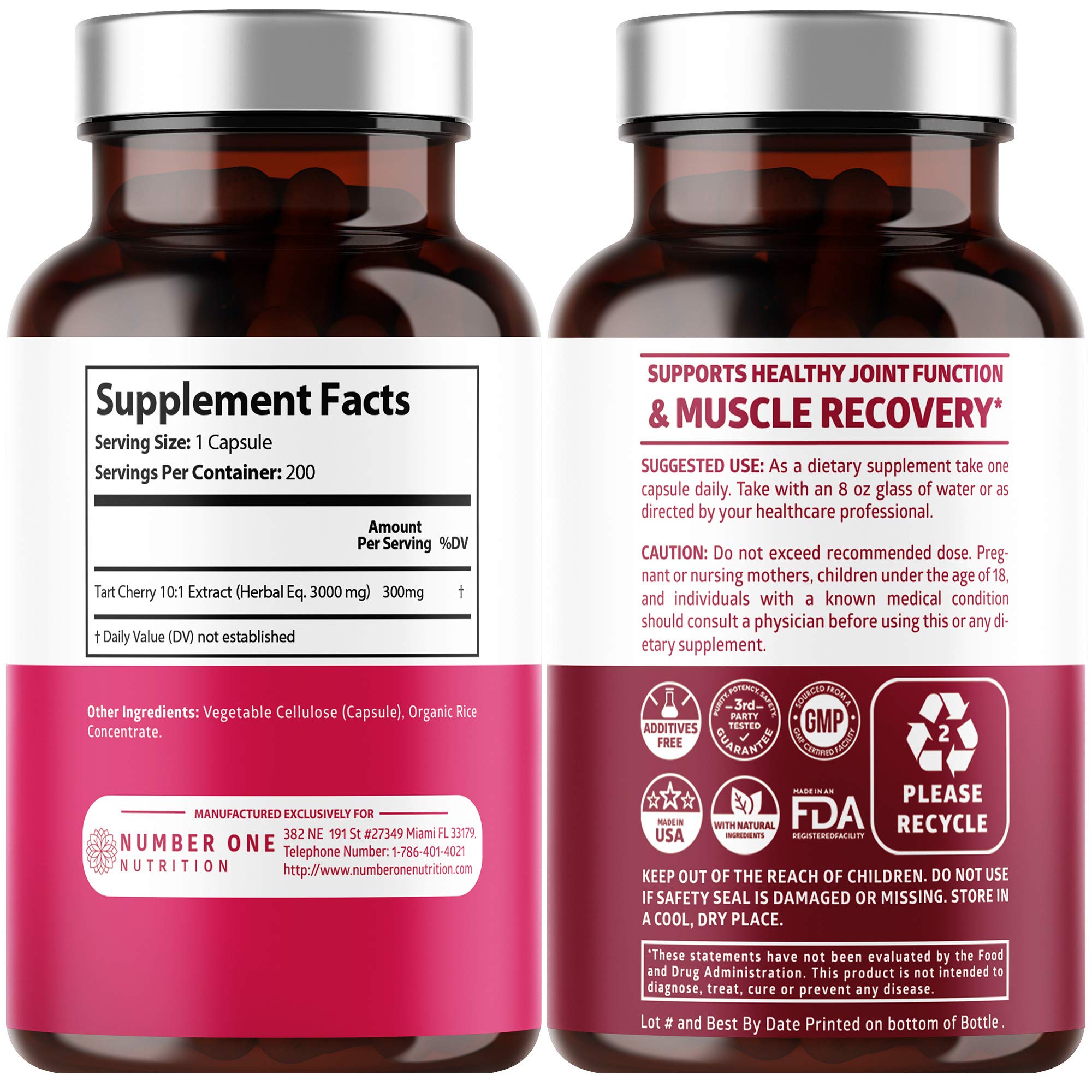 Close-up of Number One Nutrition N1N Tart Cherry Extract capsules, easy to swallow.