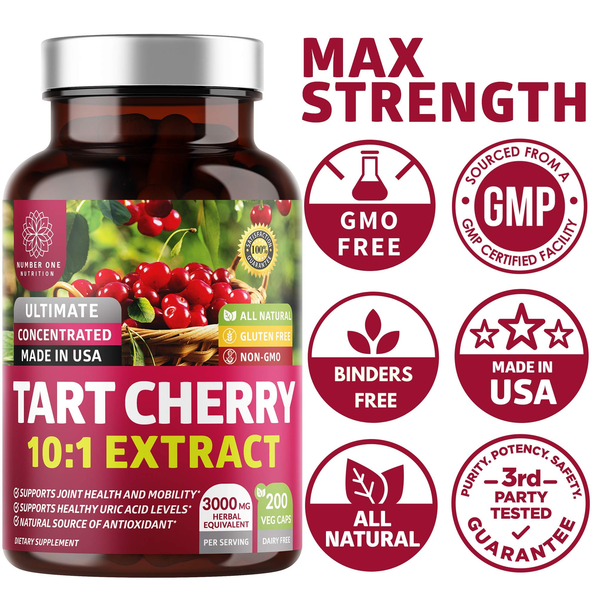 Number One Nutrition N1N Tart Cherry Extract capsules showcasing natural antioxidant content.