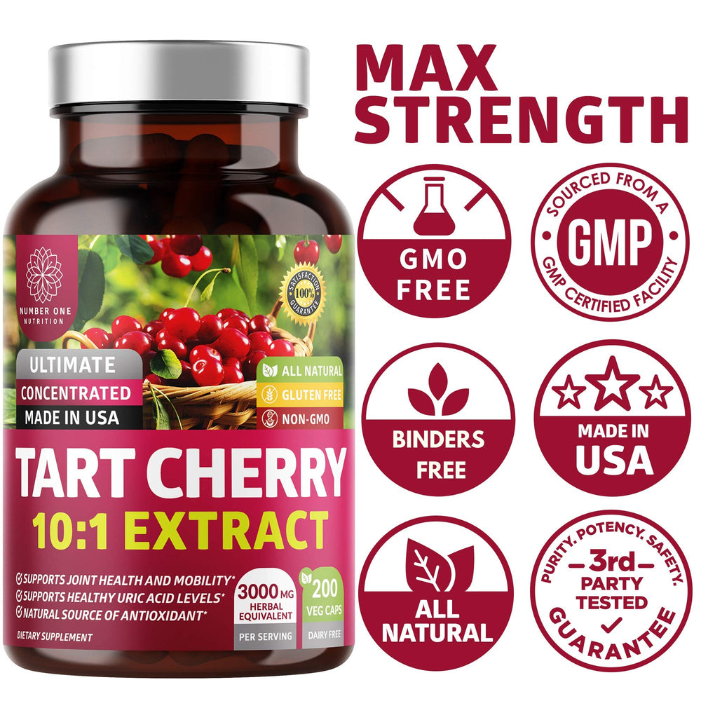 Number One Nutrition N1N Tart Cherry Extract capsules showcasing natural antioxidant content.