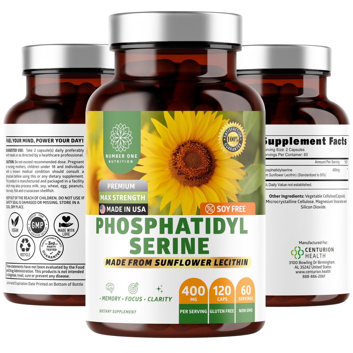 Number One Nutrition PS400 sunflower bottle suggesting memory support for daily use.