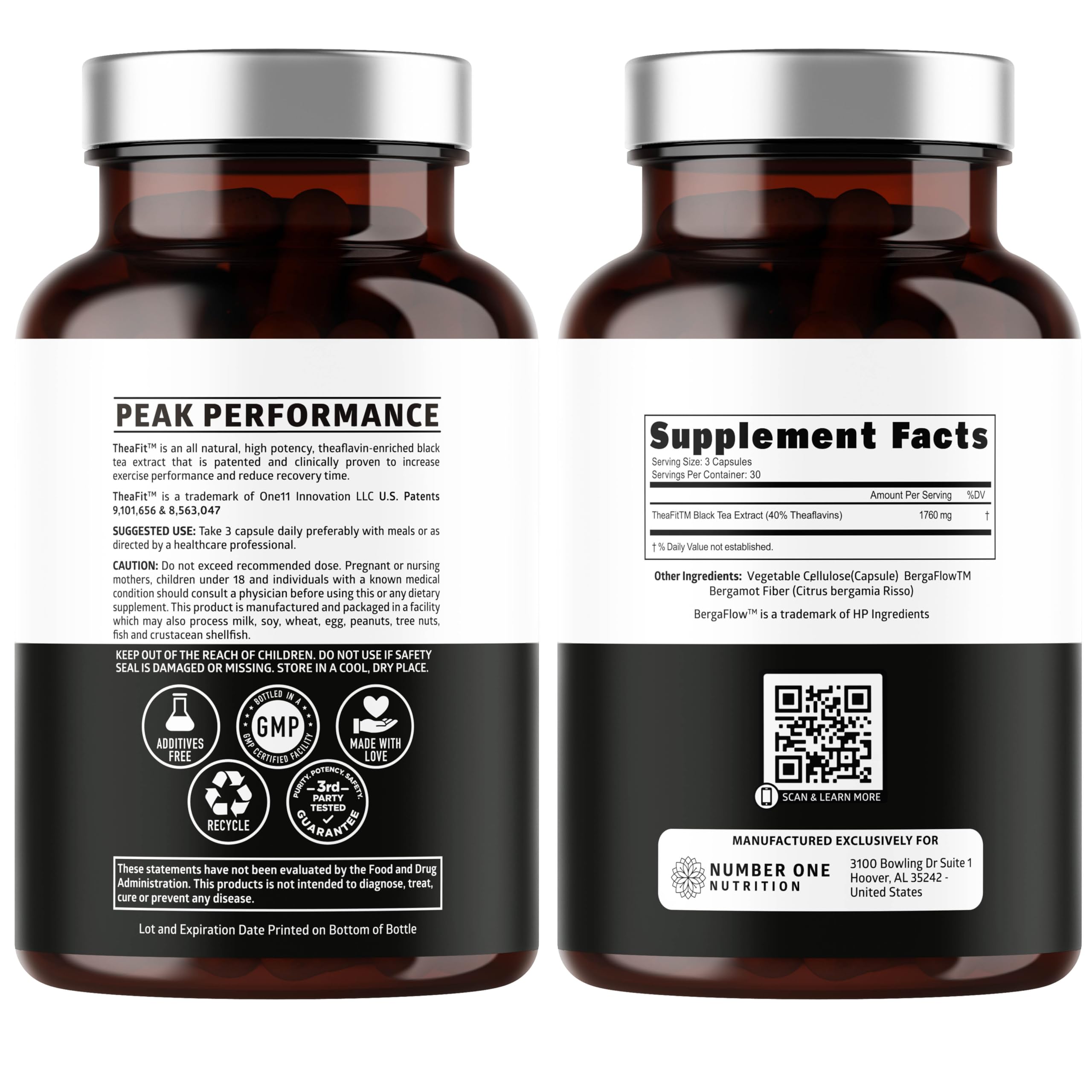 Number One Nutrition Theaflavins bottle back with supplement facts and usage details.