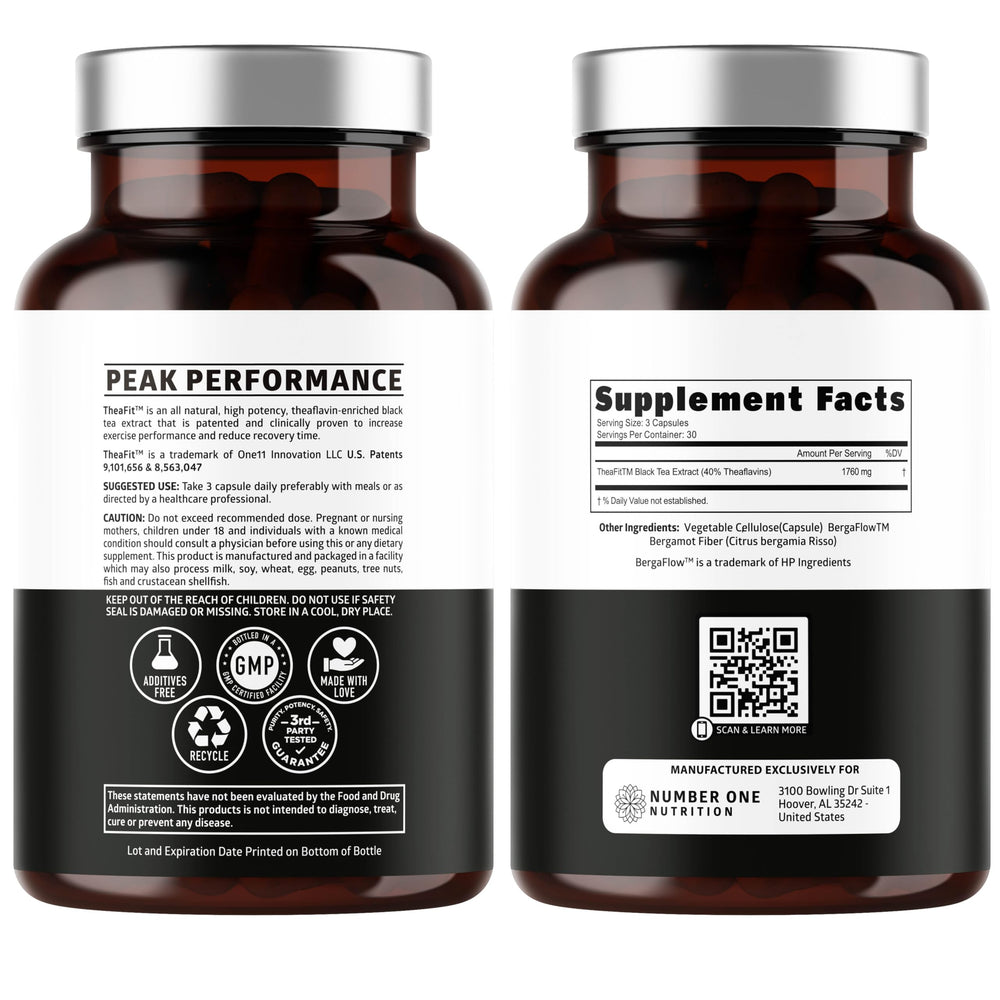 Number One Nutrition Theaflavins bottle back with supplement facts and usage details.