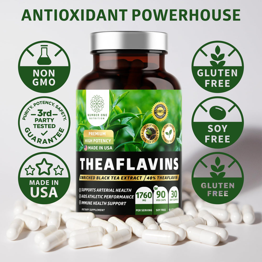 Number One Nutrition Theaflavins bottle in daily routine context providing mild energy boost.