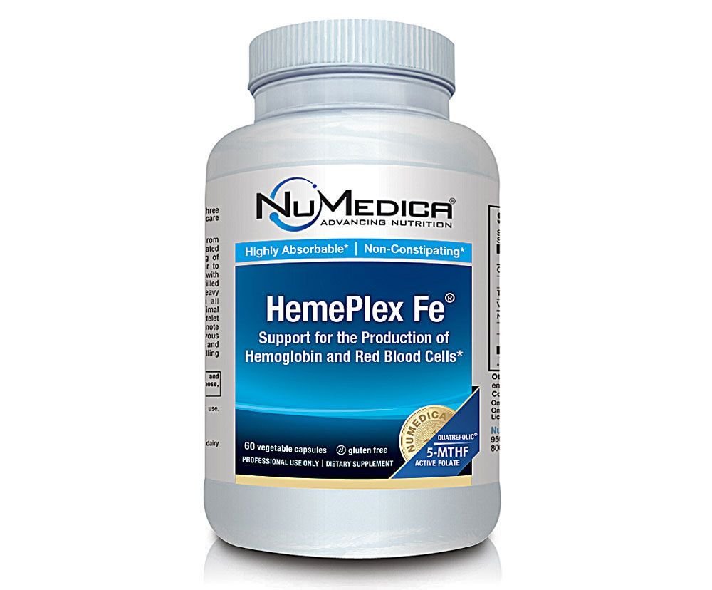 Numedica HemePlex Fe 60 VegiCaps bottle close-up, gluten-free vegetarian iron supplement.