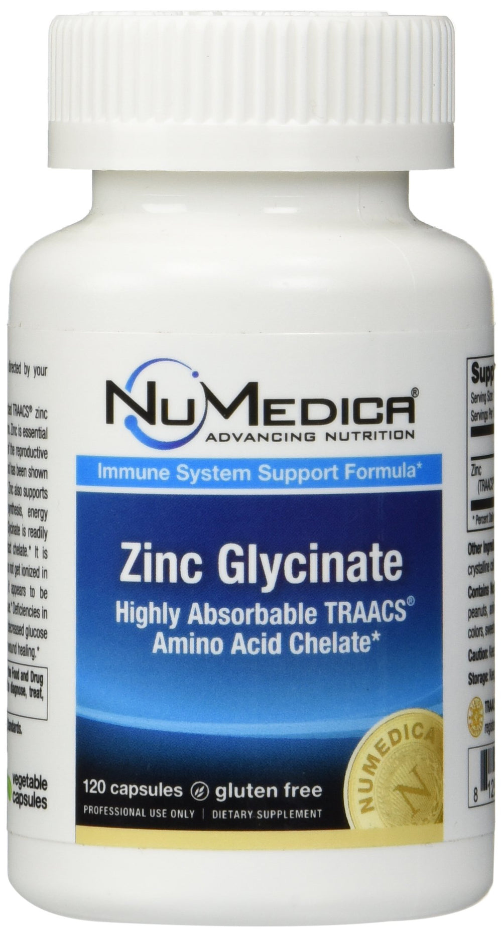 NuMedica Zinc Glycinate 20mg bottle showing high-absorption zinc for immune support