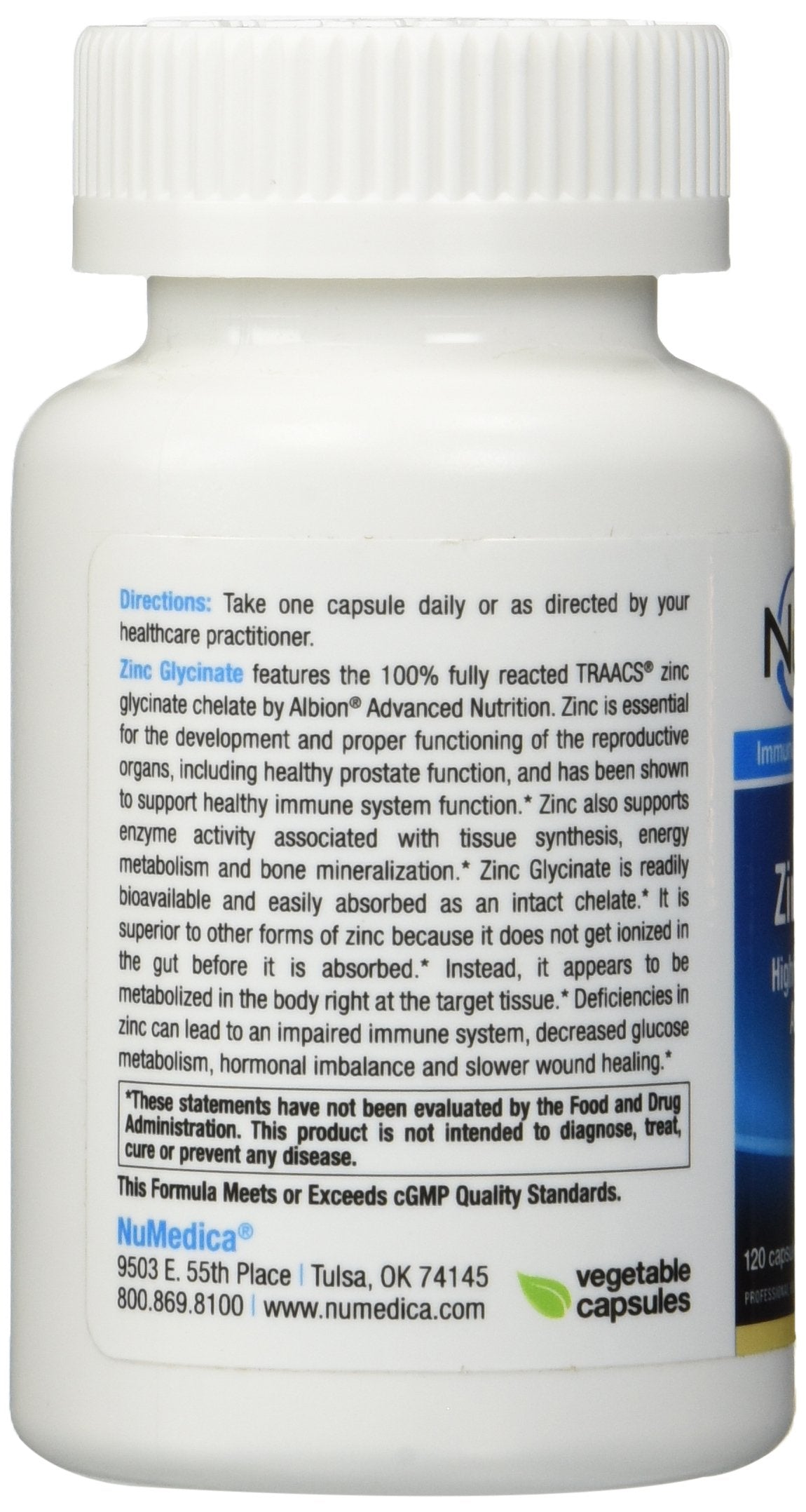 NuMedica Zinc Glycinate 20mg label close-up shows 120 vegetarian capsules