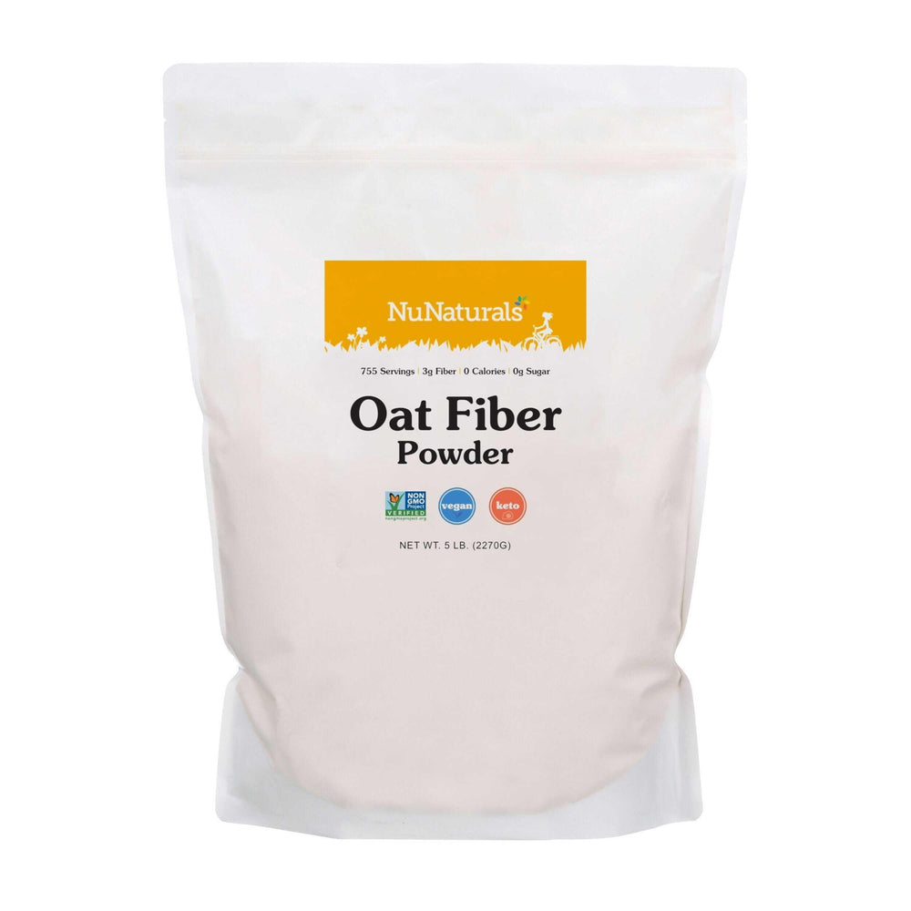 NuNaturals oat fiber powder bottle on a kitchen counter for a fiber boost