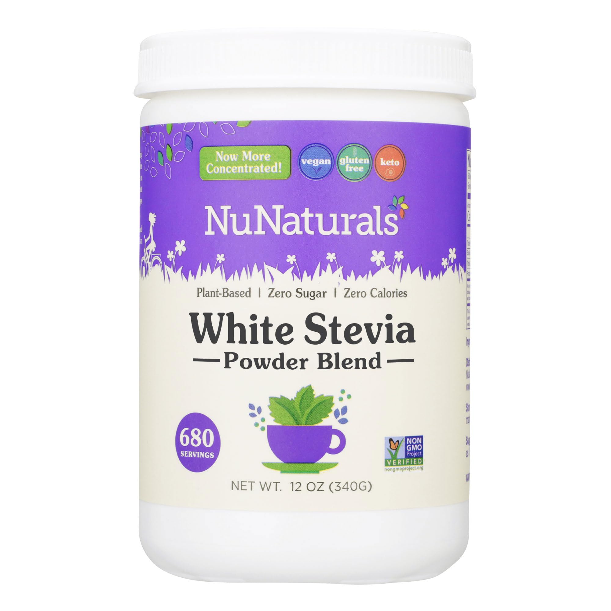 NuNaturals white stevia powder bottle for zero-calorie sweetness.