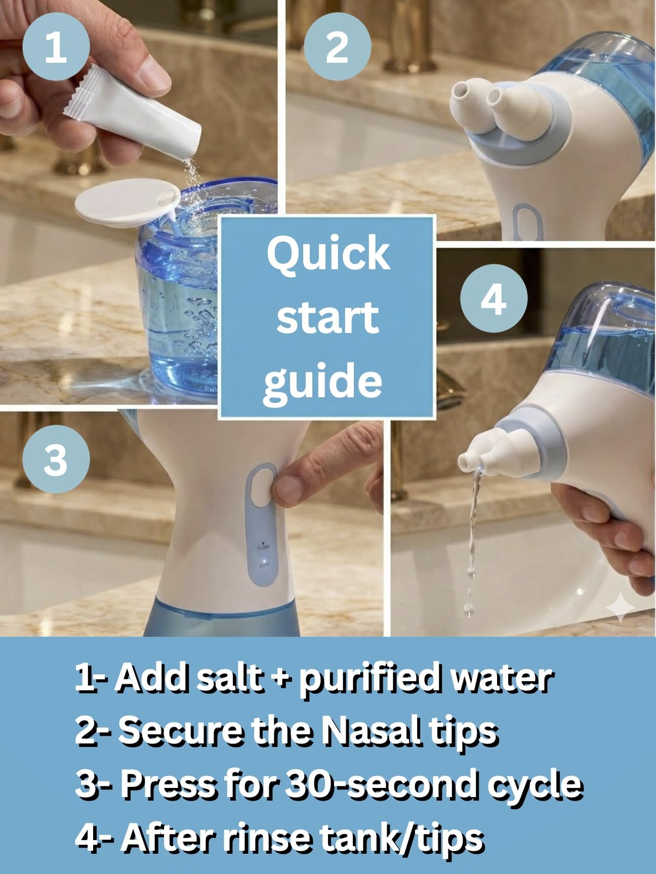 NUONNA blue nasal irrigation device with charging cable ready for quick use