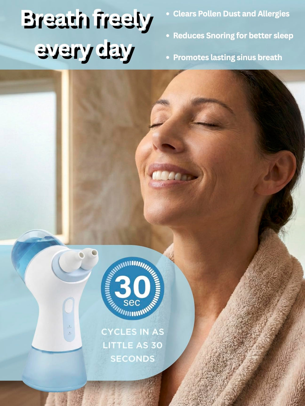 NUONNA handheld nasal irrigator close-up highlighting compact, portable relief