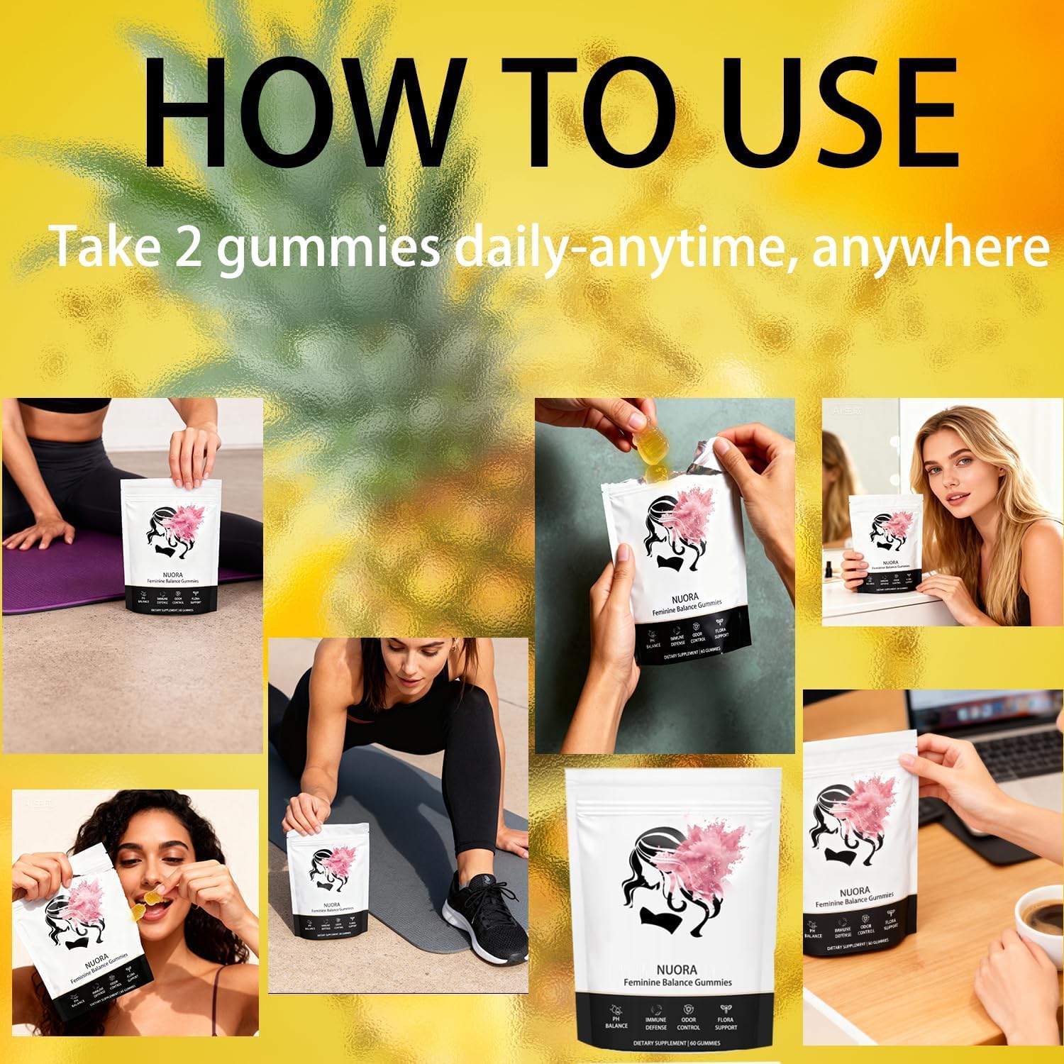 Nuora gummies with water for a simple daily two-gummy routine.