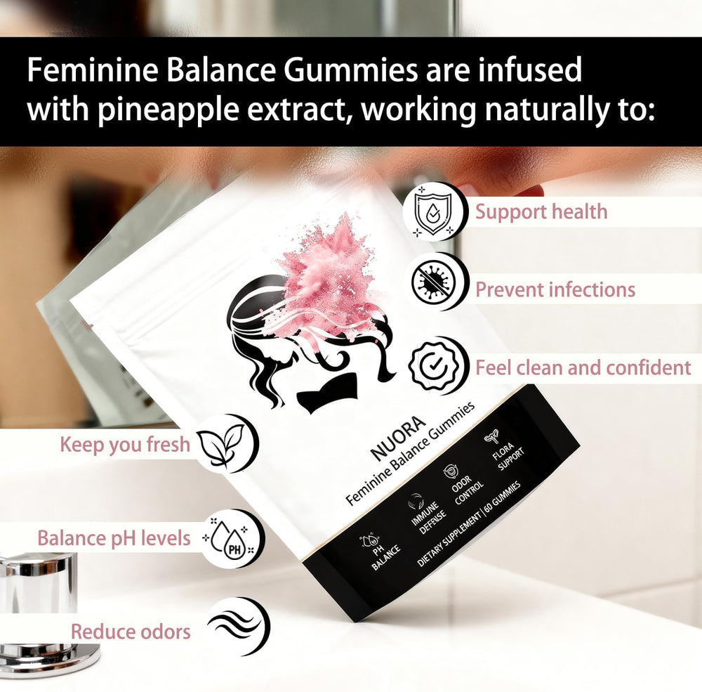 Nuora Gummies show pineapple flavor for daily balance and vegan formula.