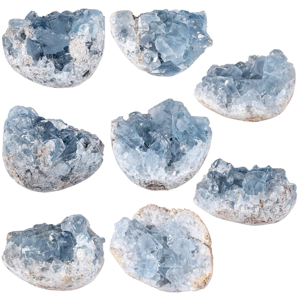 Nupuyai blue Celestite cluster showcased as desk decor for bright, tranquil workspaces.