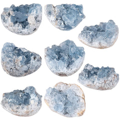 Nupuyai blue Celestite cluster showcased as desk decor for bright, tranquil workspaces.
