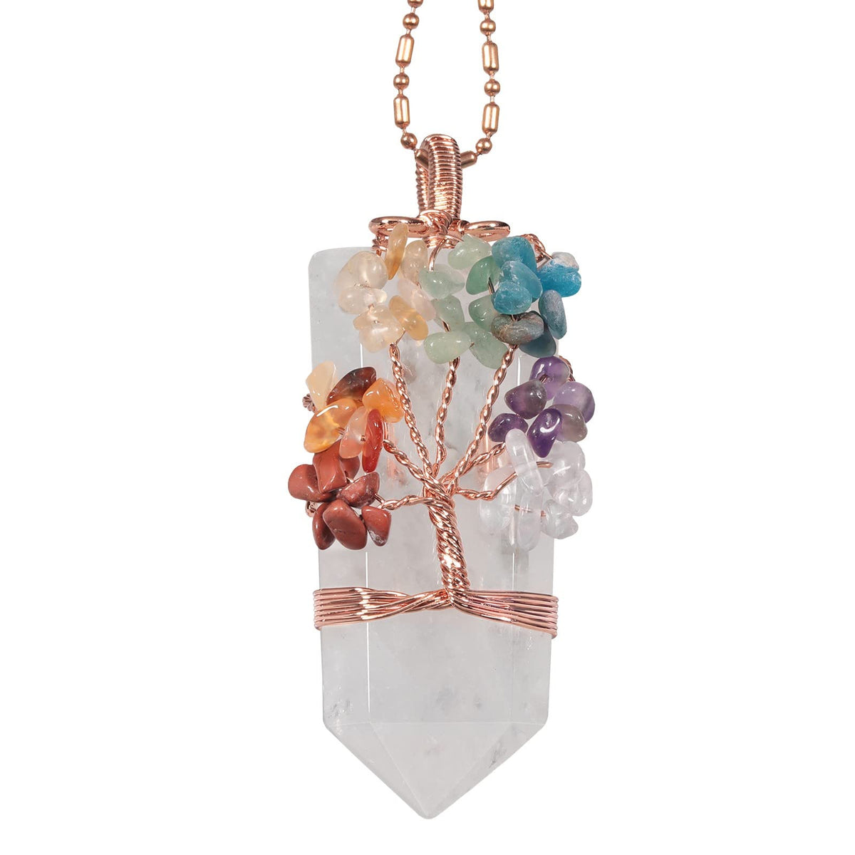 Nupuyai chakra tree pendant with crystal point promotes calm focus during daily wear.