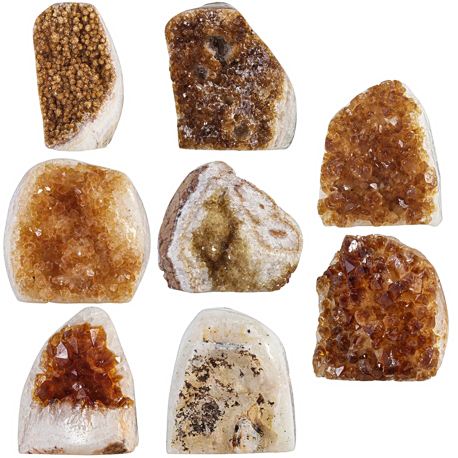 Nupuyai citrine geode cluster on shelf adds natural elegance.