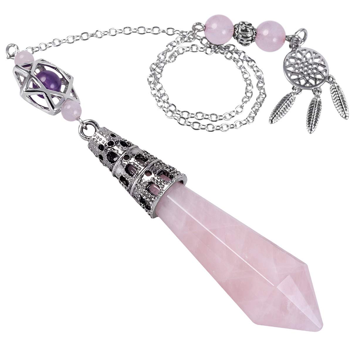 Nupuyai healing crystal point pendulum with rose quartz for focused divination