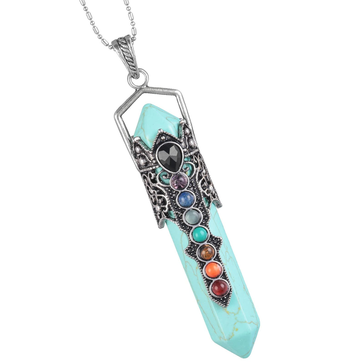 Nupuyai hexagonal crystal point pendant with chakra bead design for everyday elegance.