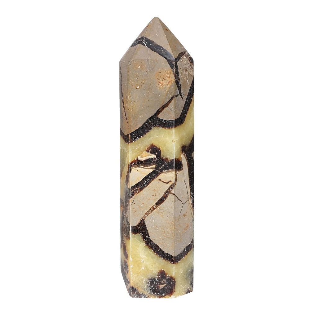 Nupuyai Septarium crystal tower with a 6-faceted point wand for meditation.
