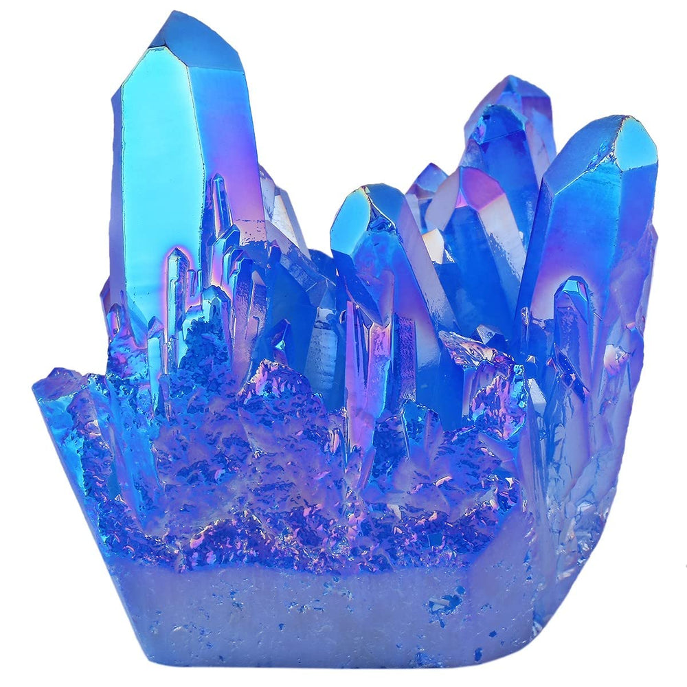 Nupuyai titanium coated quartz cluster in dark blue; colorful reflections for home decor.