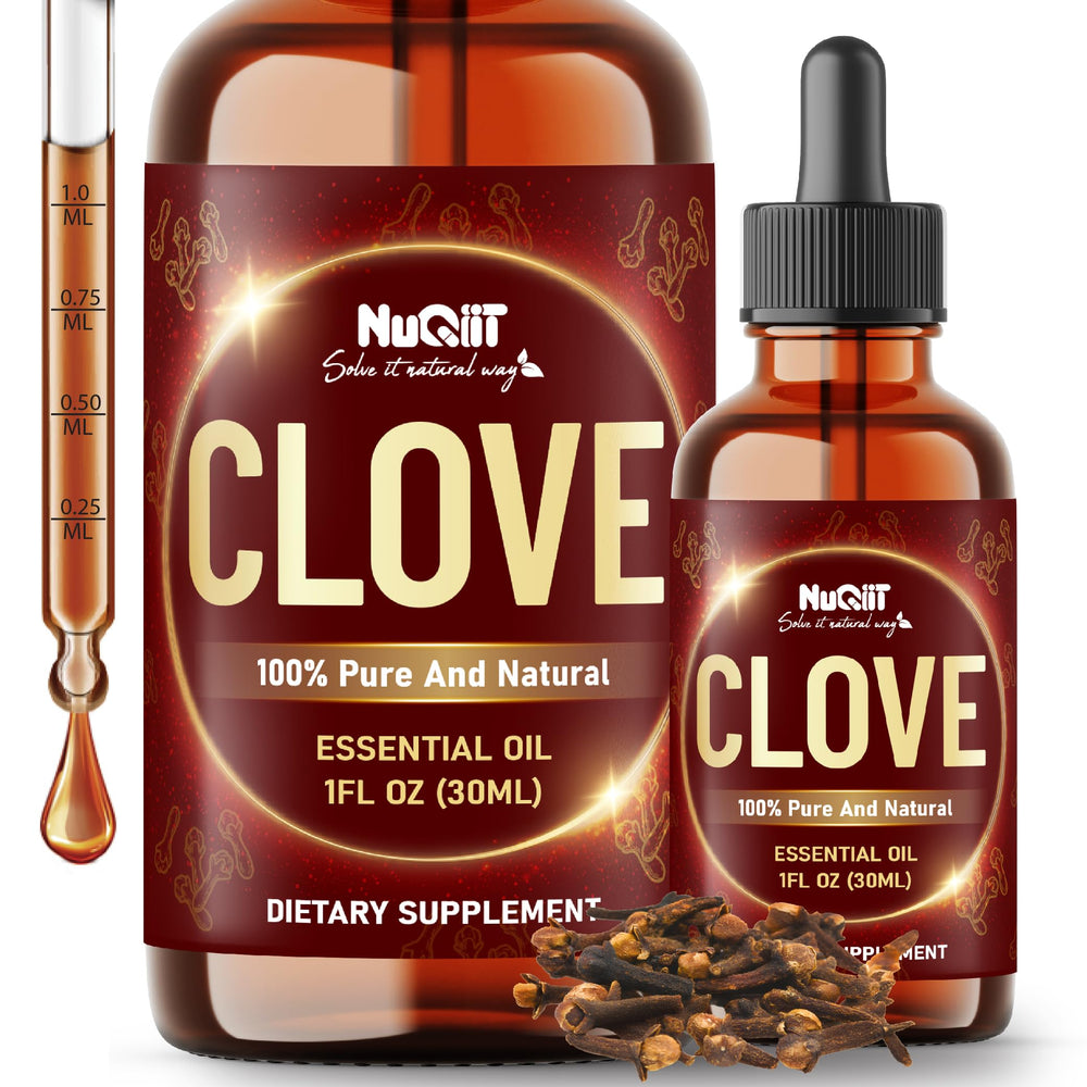 NUQIIT Clove Essential Oil bottle closeup, ideal for aromatic use and daily care