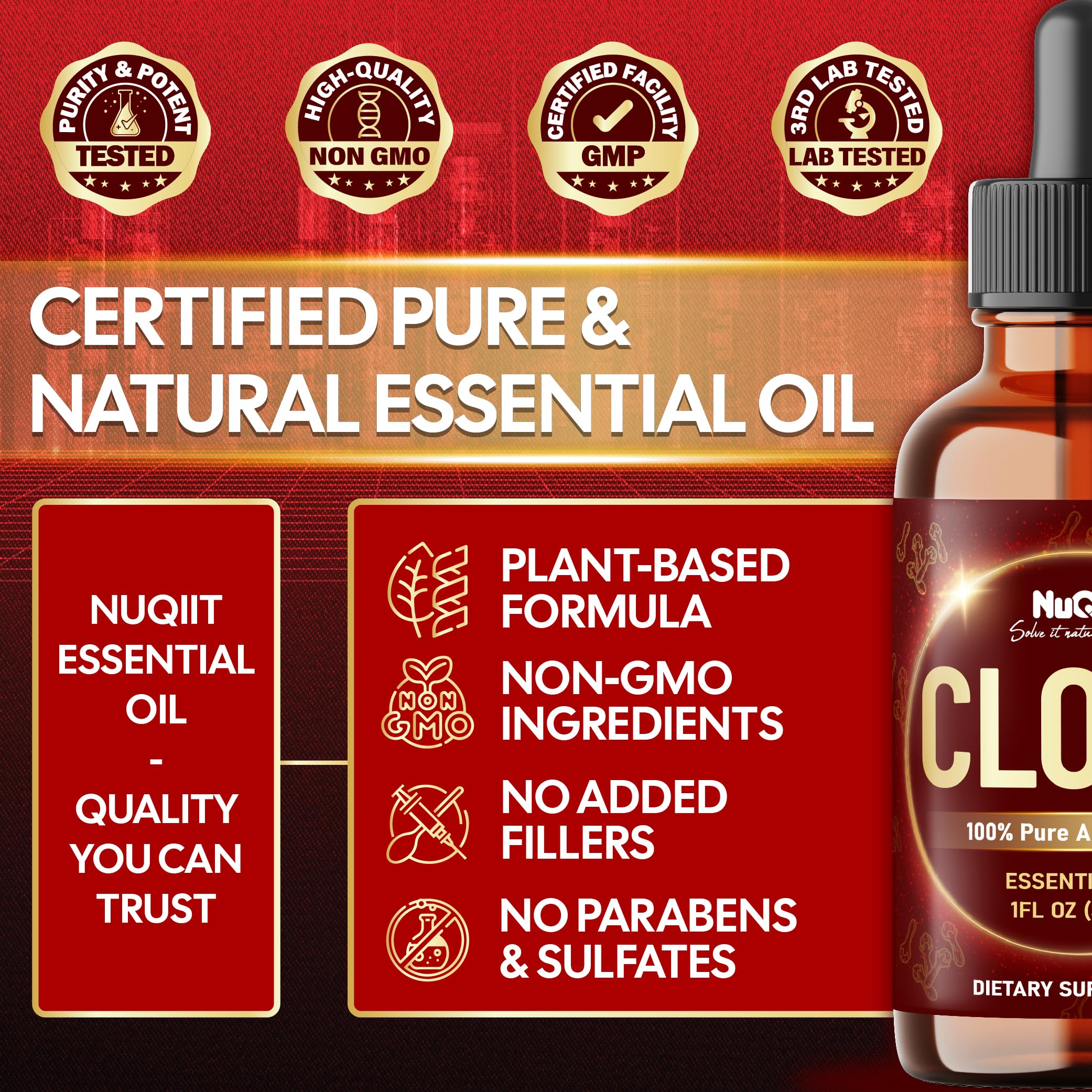 NUQIIT Clove Essential Oil packaging and label highlighting organic quality