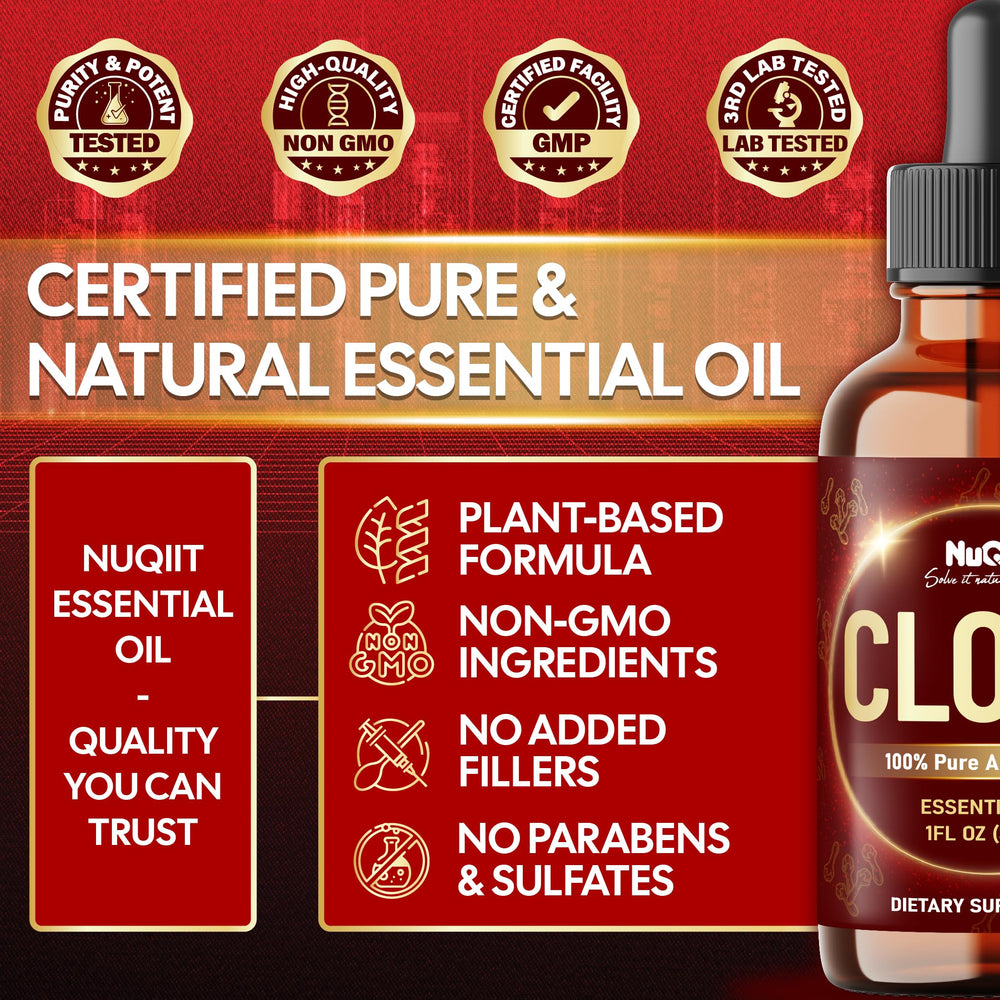 NUQIIT Clove Essential Oil packaging and label highlighting organic quality