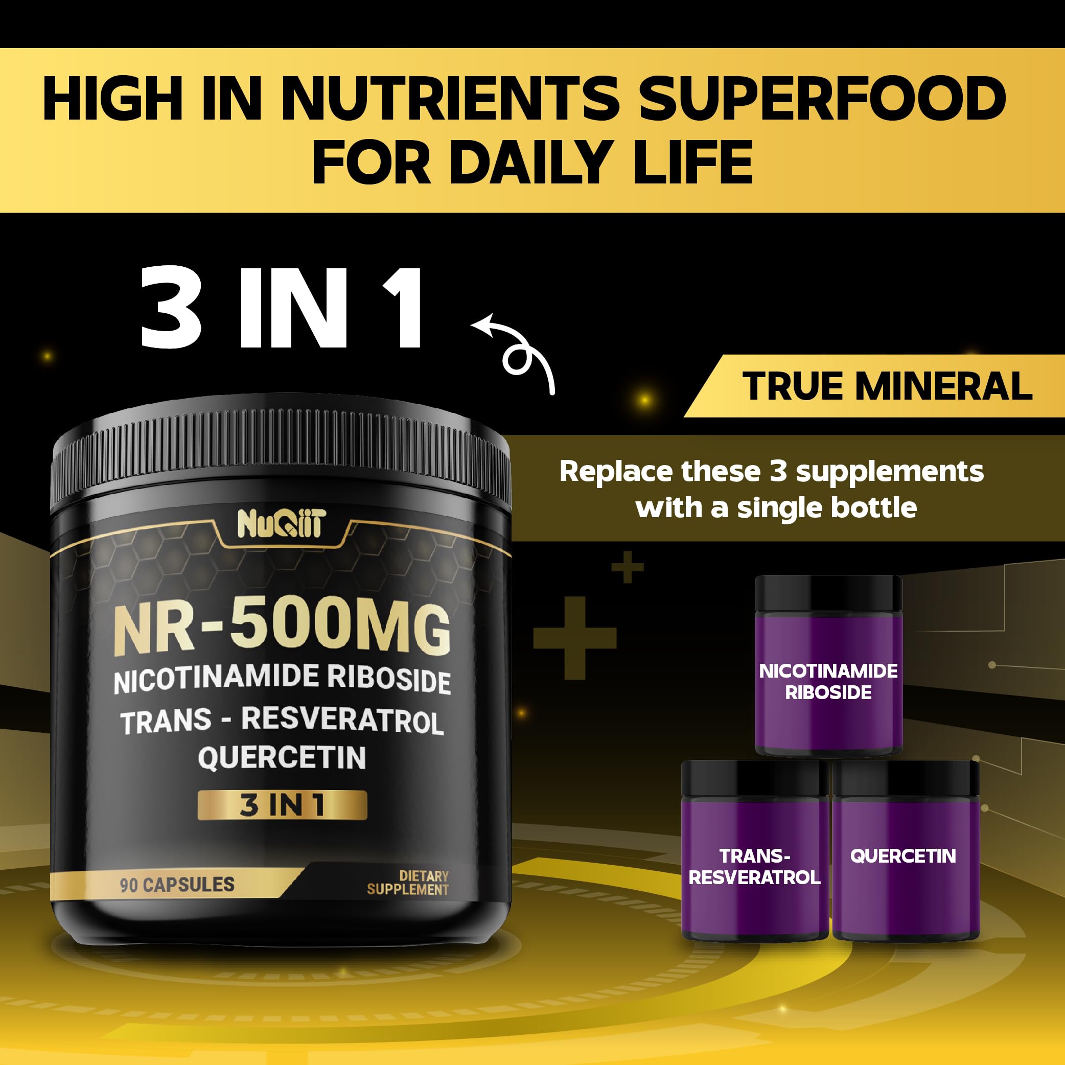 NUQIIT NAD+ glass bottle on countertop signals premium quality