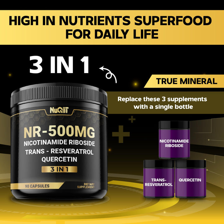 NUQIIT NAD+ glass bottle on countertop signals premium quality
