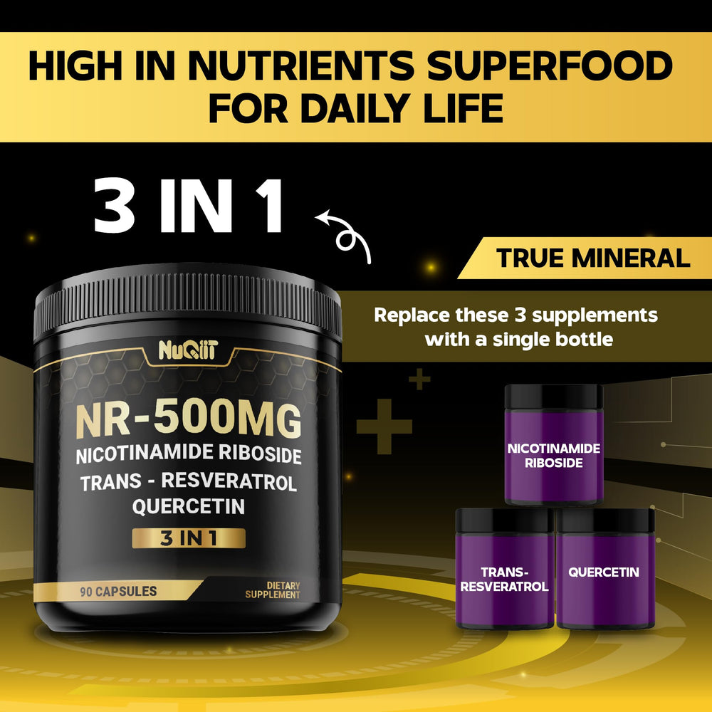 NUQIIT NAD+ glass bottle on countertop signals premium quality