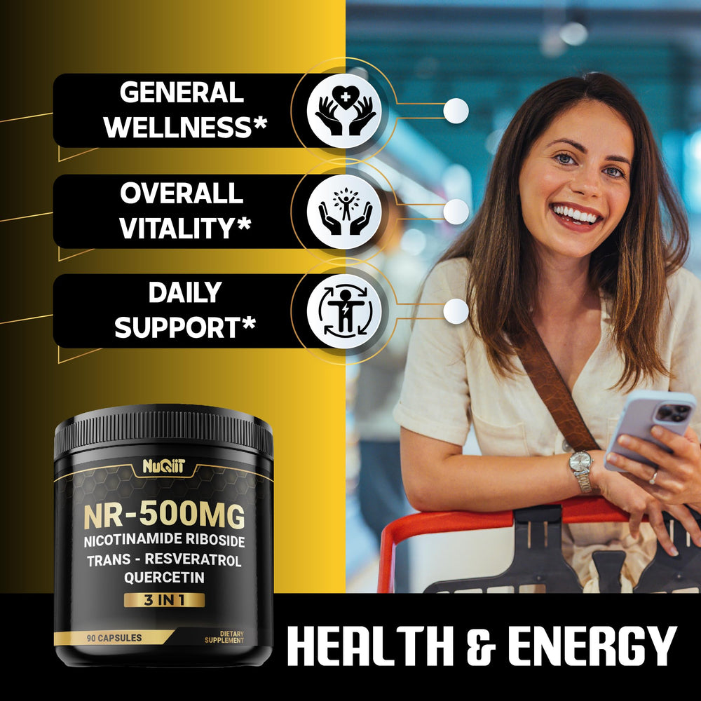 NUQIIT NAD+ ingredient chart explains NR, resveratrol, quercetin