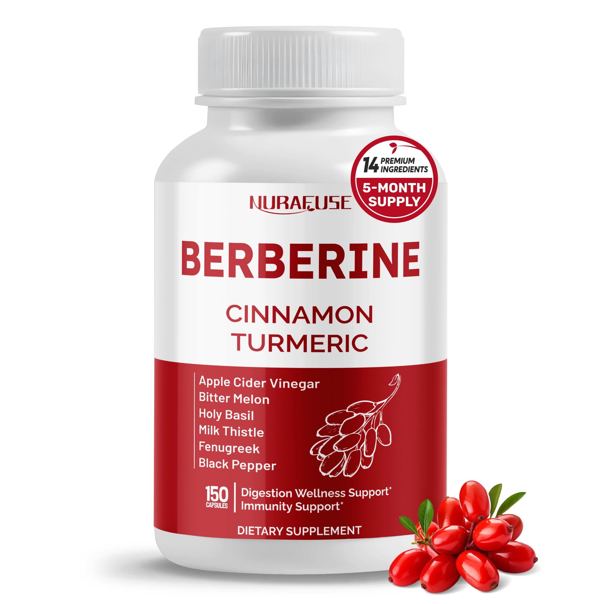 Nurafuse Berberine 14-in-1 bottle supports daily wellness with a balanced natural blend.