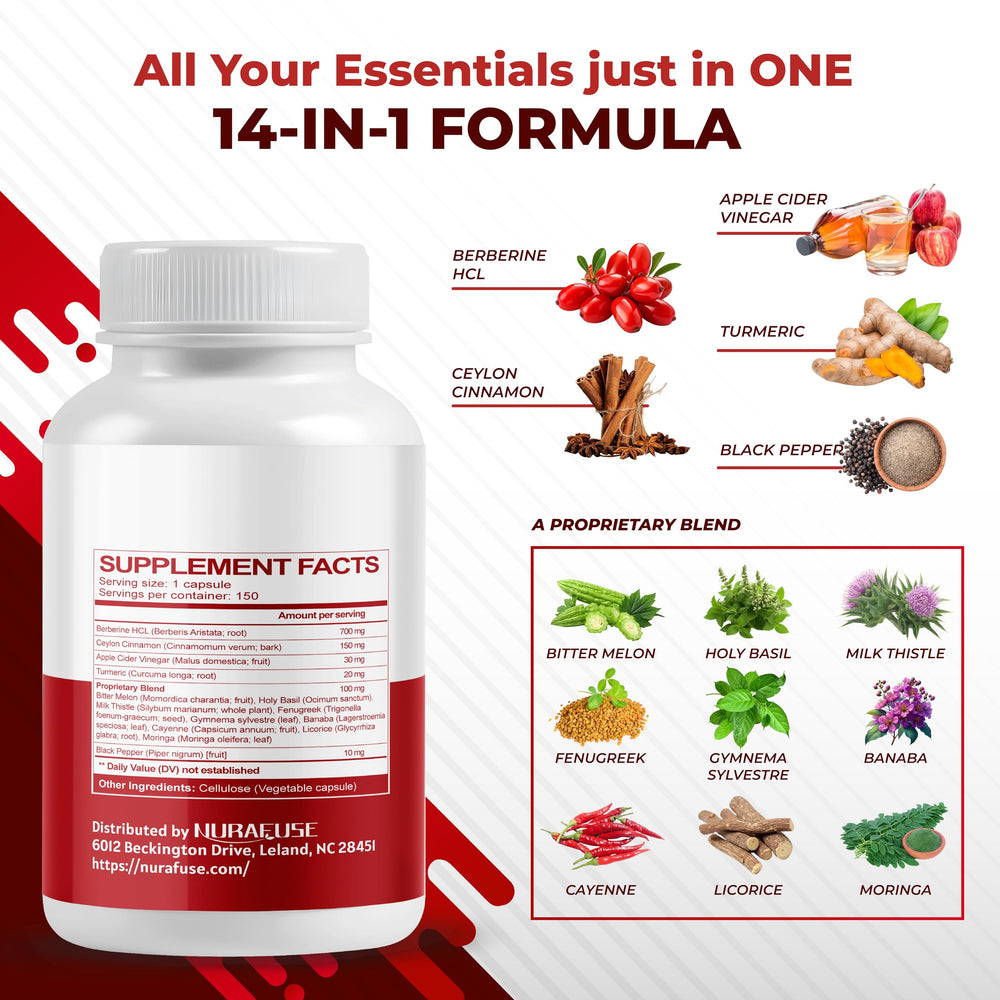 Nurafuse Berberine 150 capsules demonstrate a generous five-month supply for ongoing wellness.