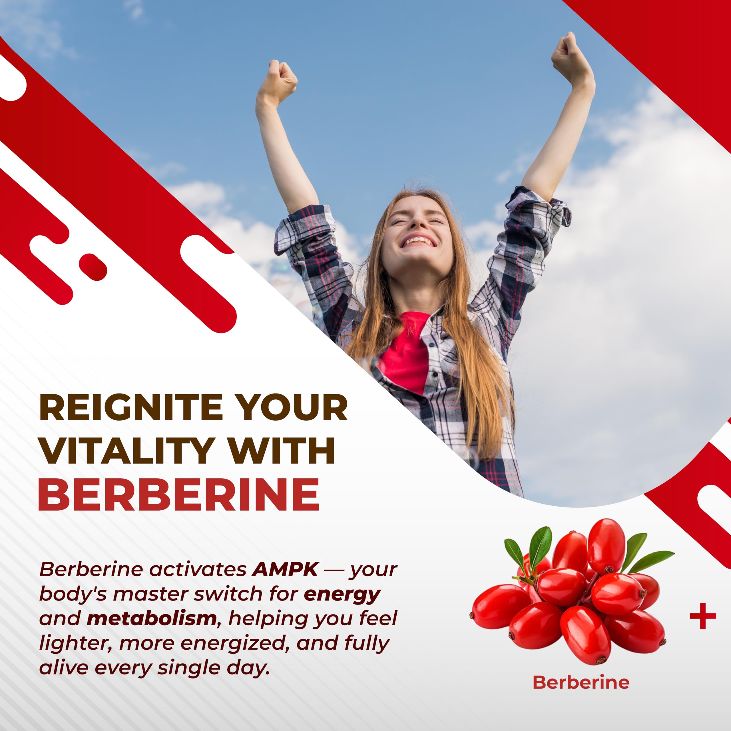 Nurafuse Berberine ingredients label highlights the 14 natural components in each capsule.