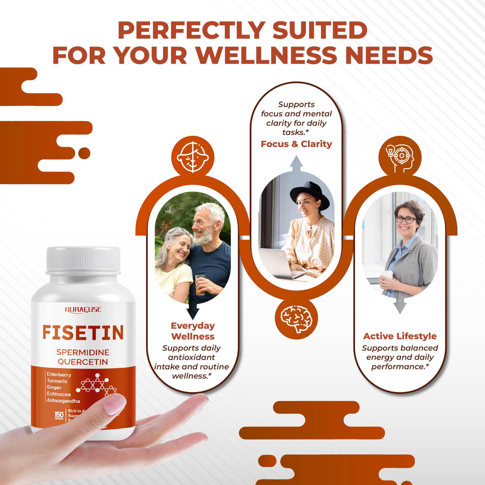 NURAFUSE Fisetin packaging shows gluten-free and non-GMO labels