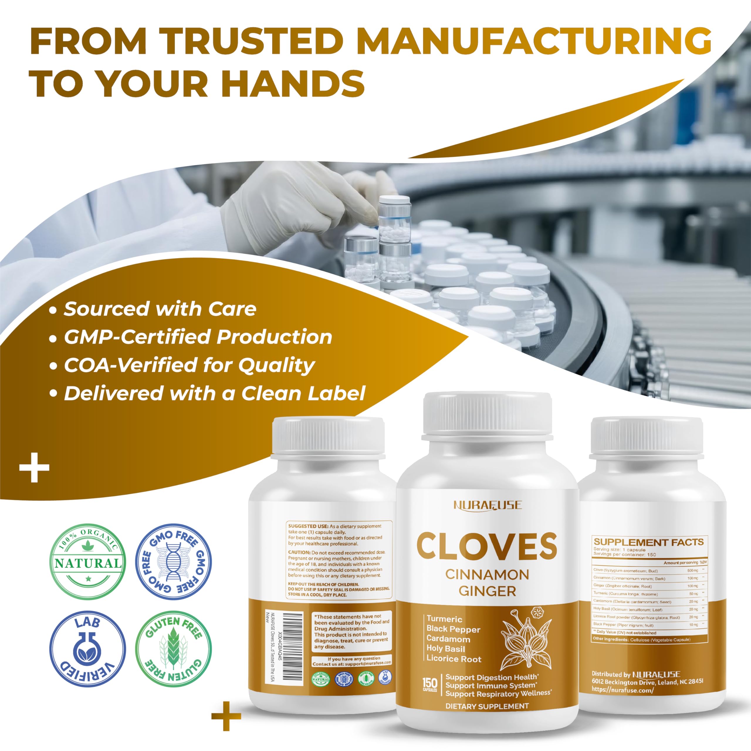 NURAFUSE natural ingredients sourcing emphasizing purity and GMP compliance.