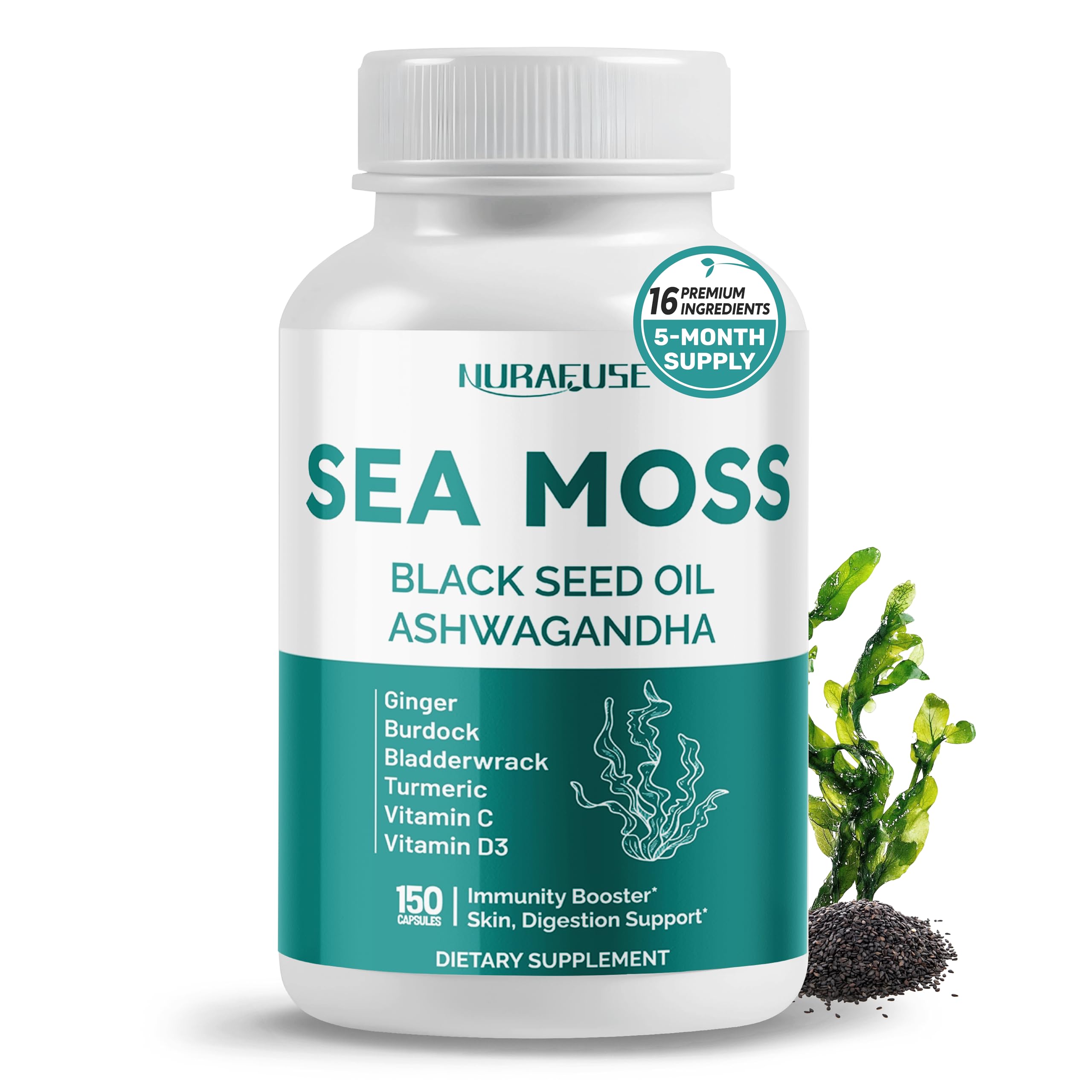 Nurafuse Sea Moss bottle front displaying branding for everyday wellness.
