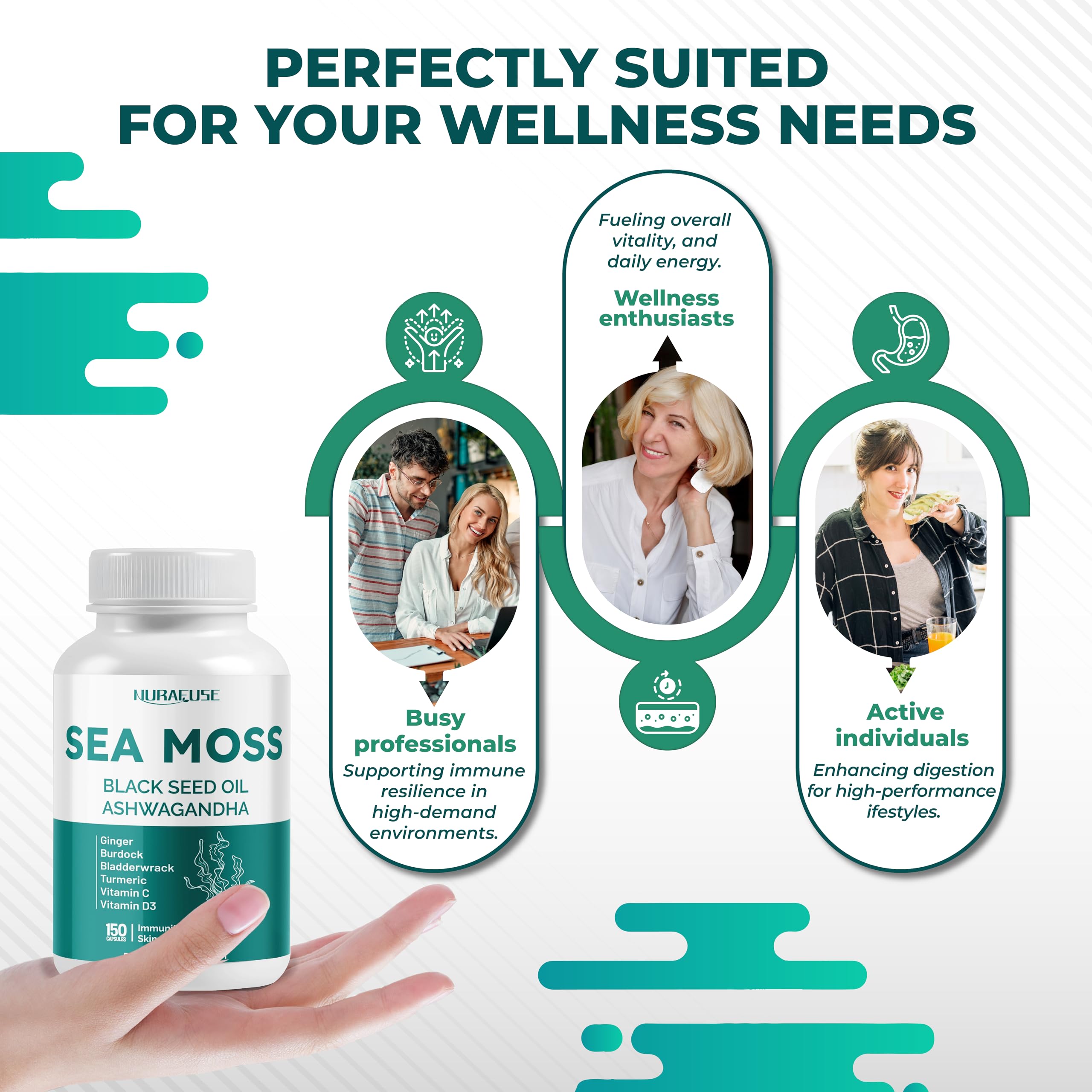 Pouring Nurafuse Sea Moss capsules to illustrate serving method.
