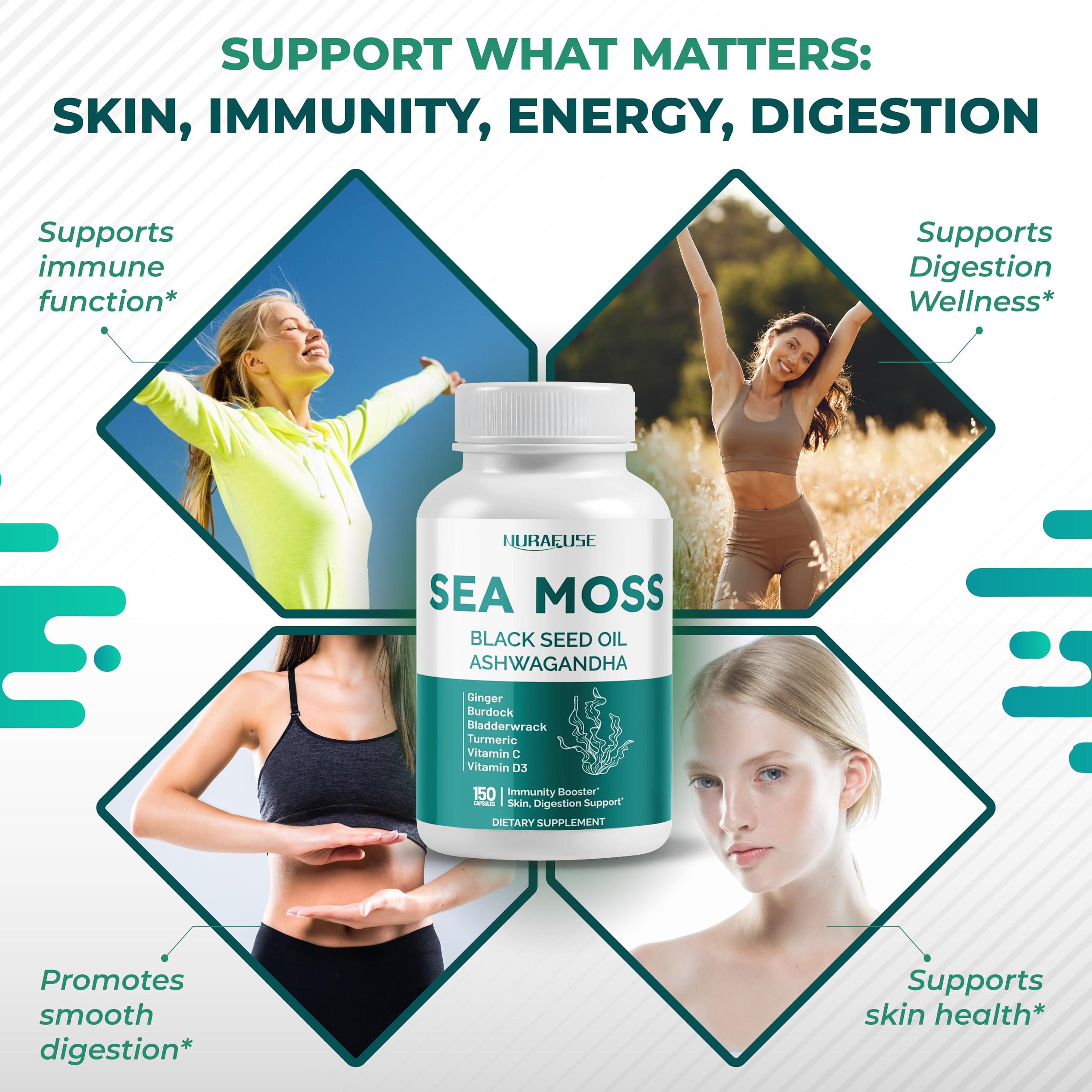 Nurafuse Sea Moss label detail highlighting key ingredients.