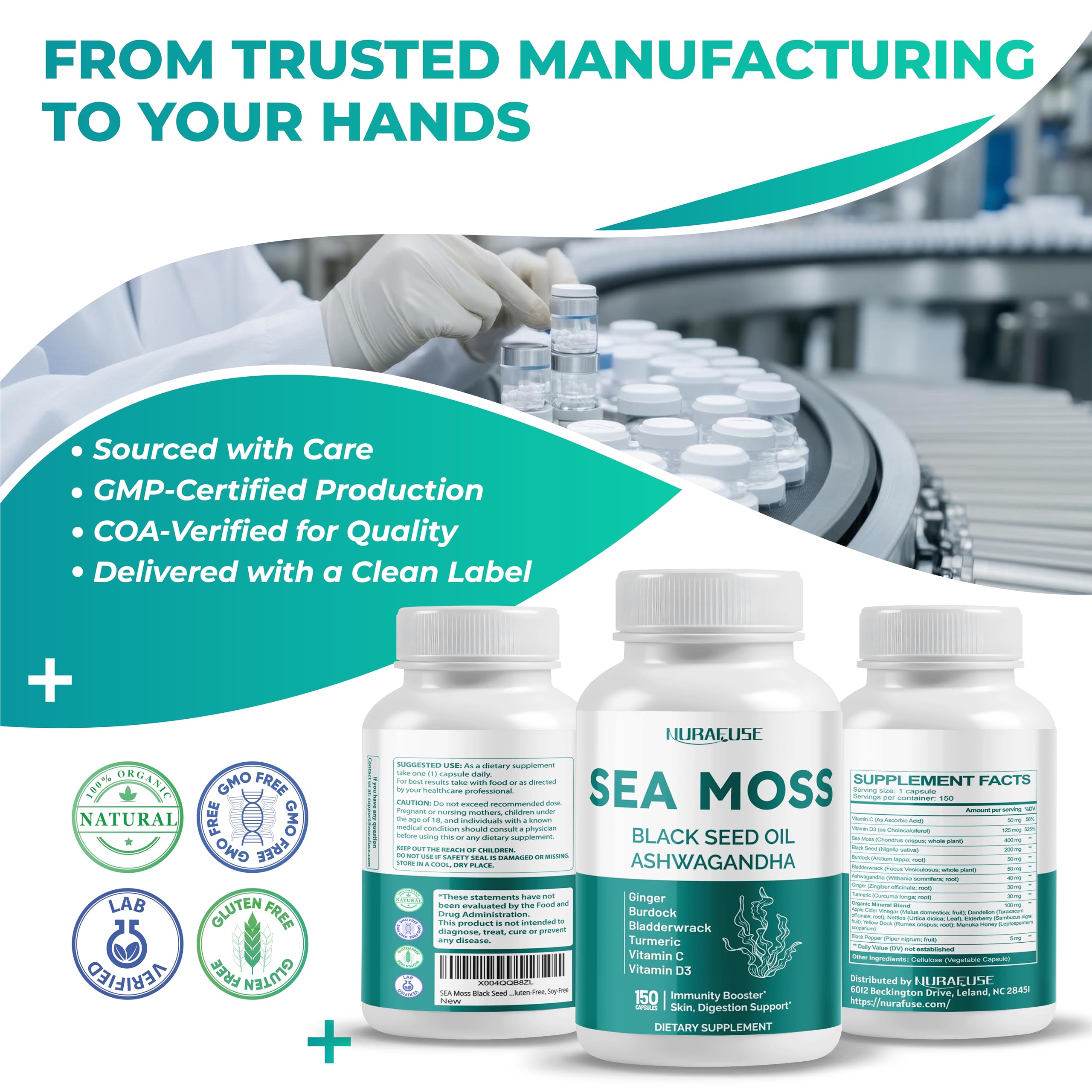Nurafuse Sea Moss packaging box shown for secure unboxing experience.