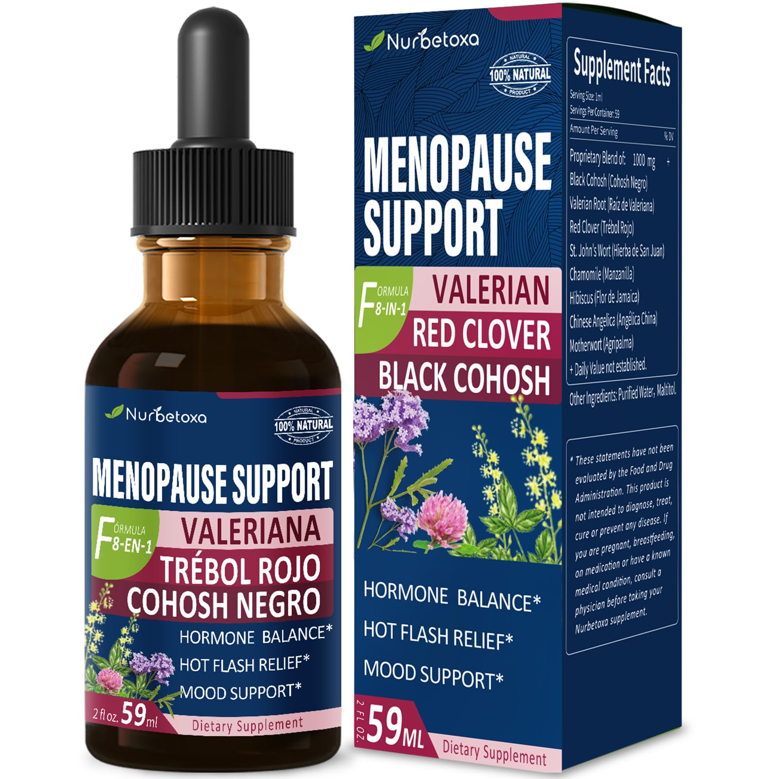 Nurbetoxa black cohosh liquid drops bottle supports convenient menopausal relief.
