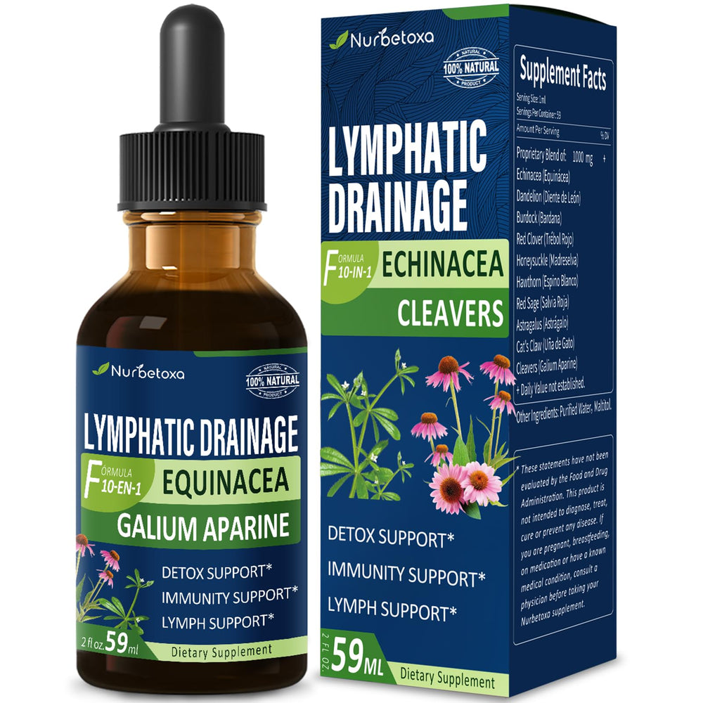 Nurbetoxa Cleavers Lymphatic Drainage Drops bottle showing herbal blend for detox support